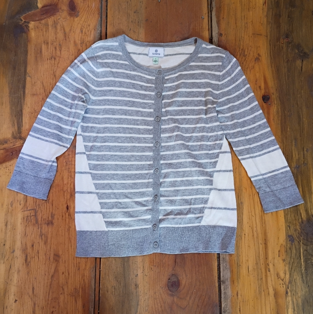 Susina Gray Striped‎ Women's Small Sweater Cardigan Cotton Blend